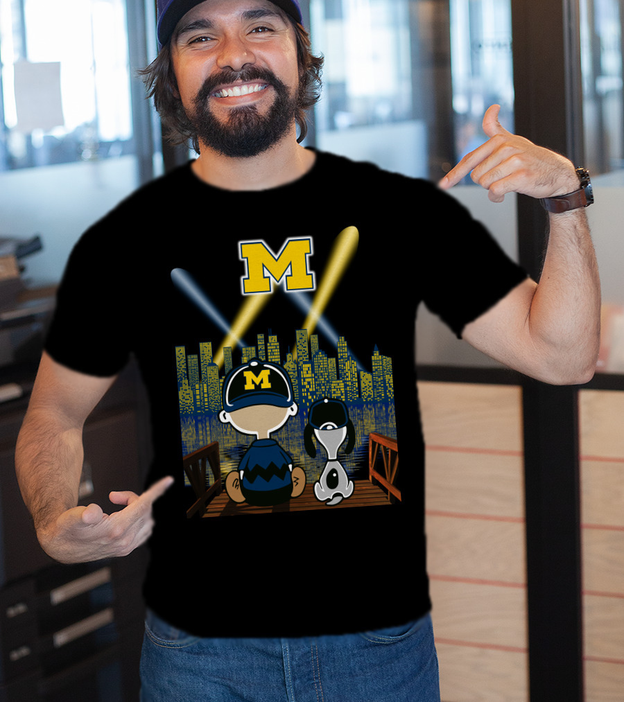 M Michigan Wolverines City By Night Skyline And Characters T-Shirt