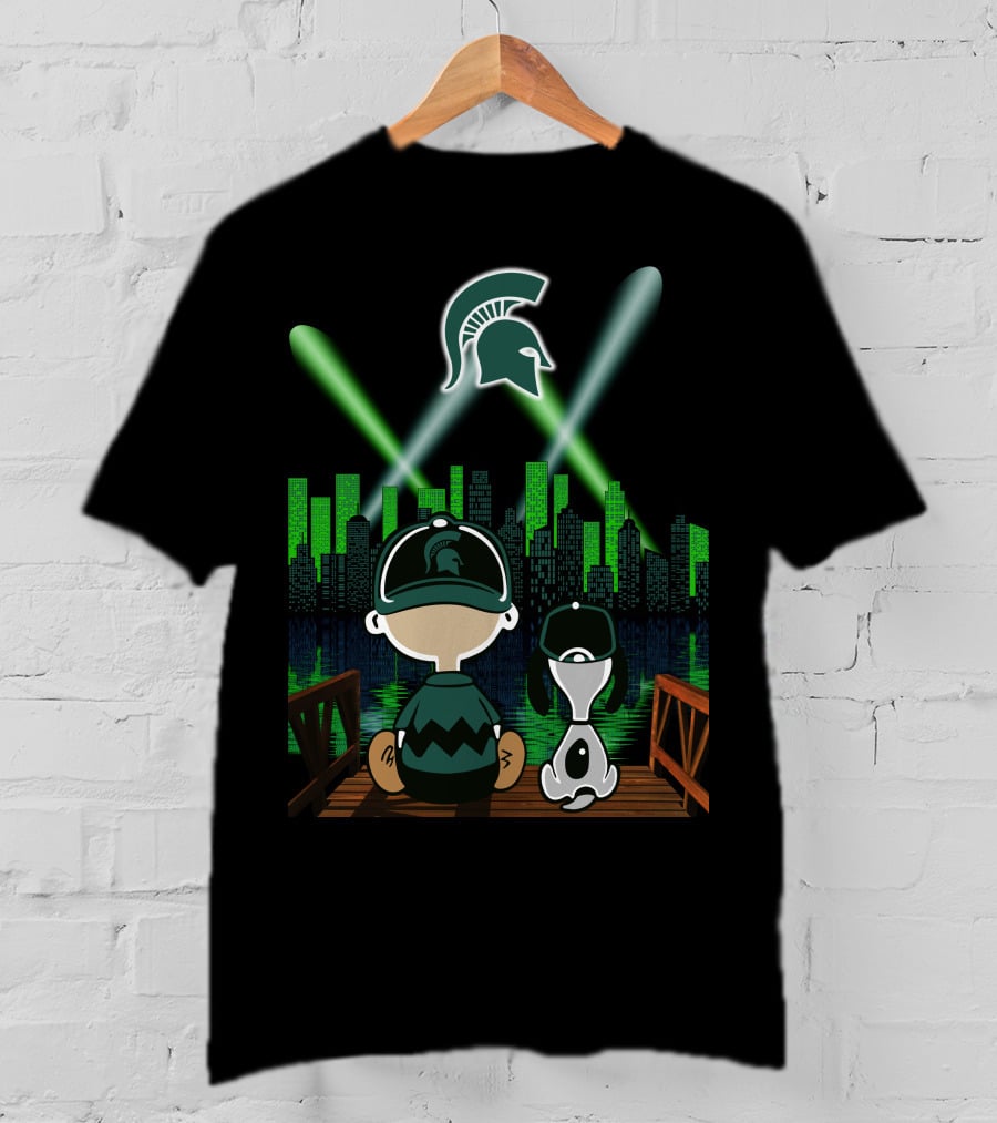 Michigan State Spartans Night City Skyline With Cartoon Characters And Spartan T-Shirt