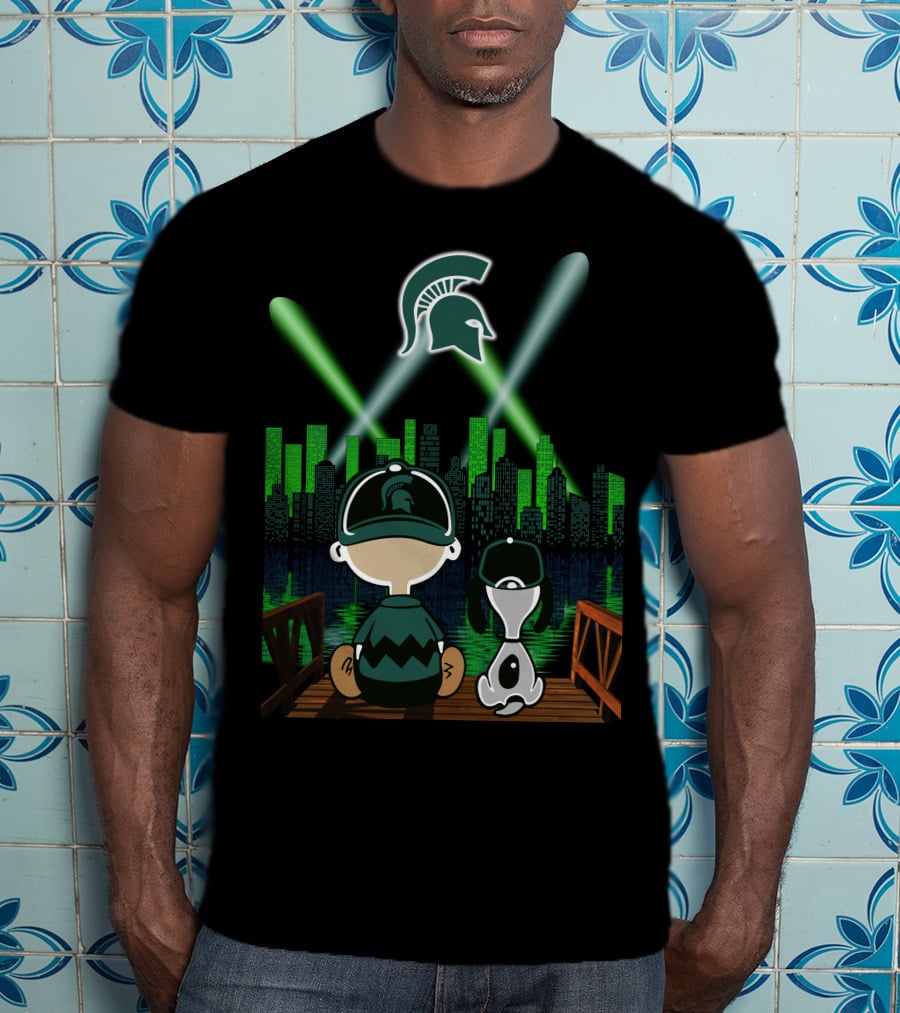 Michigan State Spartans Night City Skyline With Cartoon Characters And Spartan T-Shirt