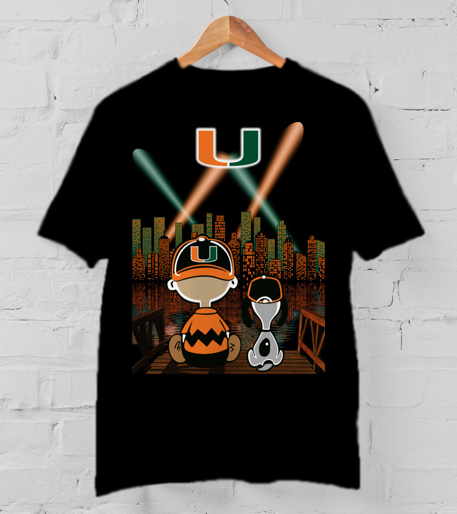 Miami Hurricanes City By Night Skyline Reflections With Characters T-Shirt