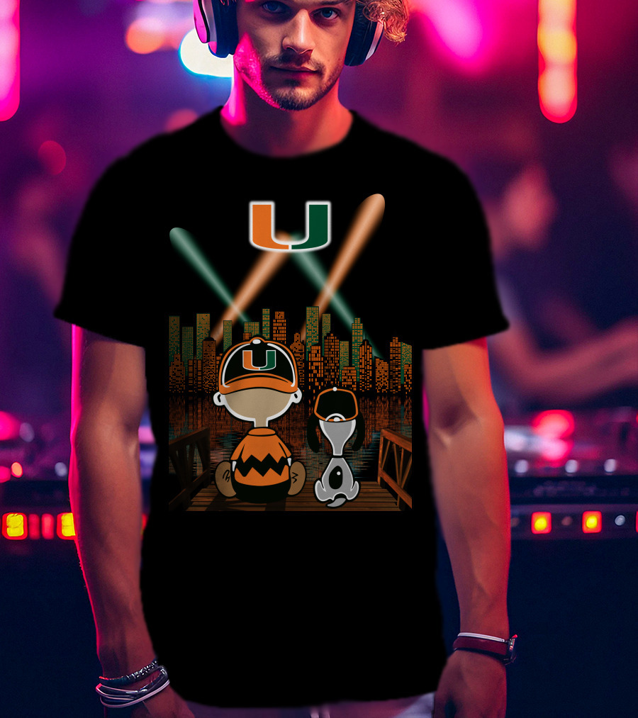 Miami Hurricanes City By Night Skyline Reflections With Characters T-Shirt
