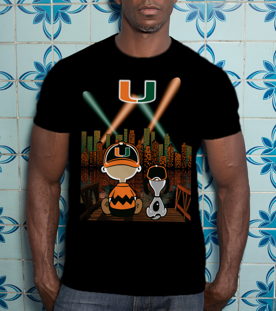 Miami Hurricanes City By Night Skyline Reflections With Characters T-Shirt