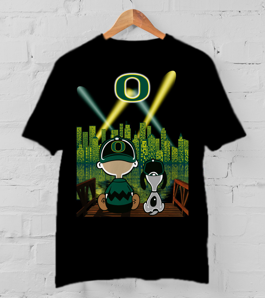 Oregon Ducks Nighttime Cityscape With Cartoon Characters And Stadium Lights T-Shirt