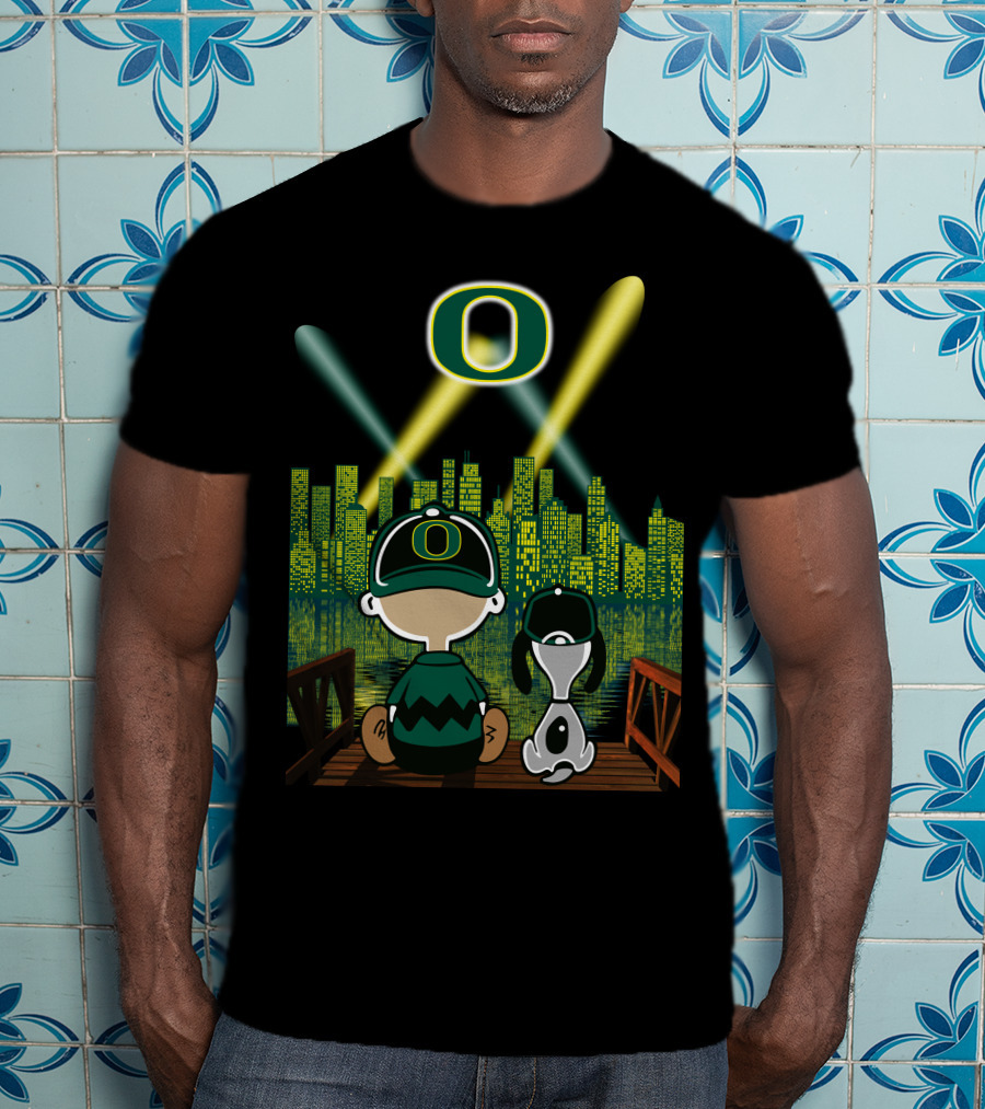Oregon Ducks Nighttime Cityscape With Cartoon Characters And Stadium Lights T-Shirt