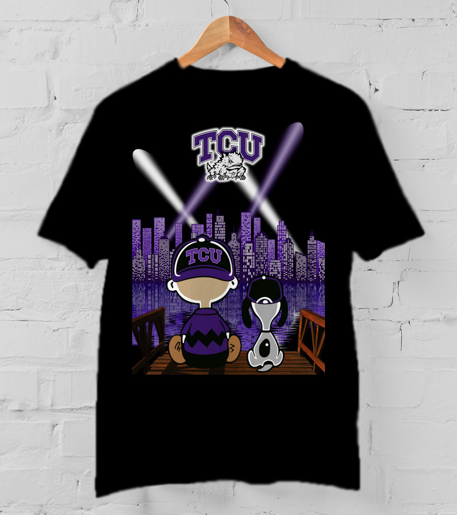 Tcu Horned Frogs City Skyline Night Scene With Mascot And Dog T-Shirt