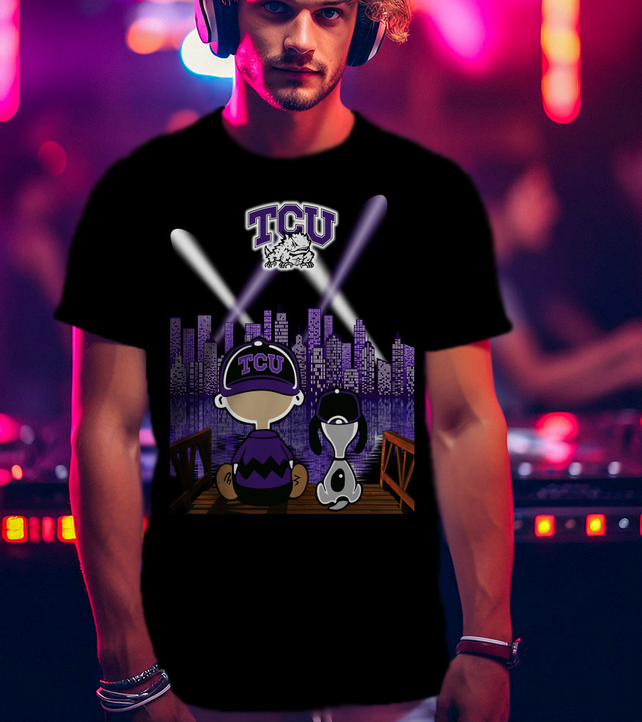 Tcu Horned Frogs City Skyline Night Scene With Mascot And Dog T-Shirt