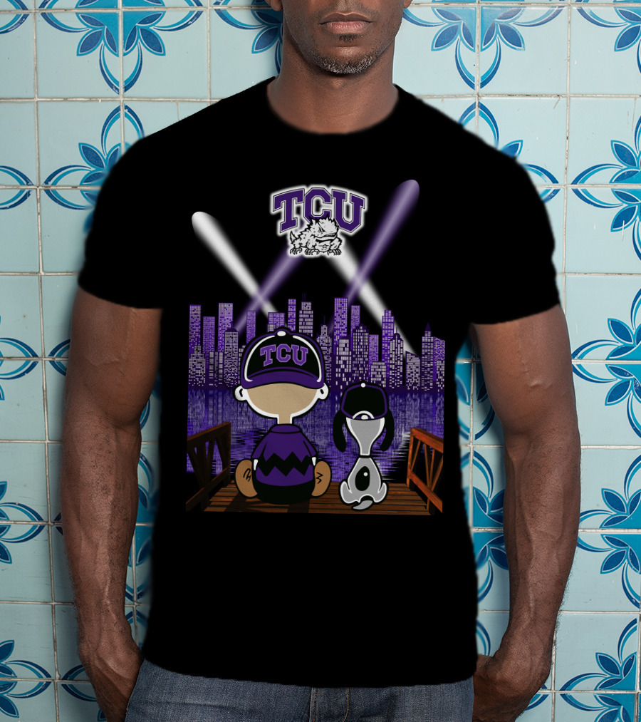 Tcu Horned Frogs City Skyline Night Scene With Mascot And Dog T-Shirt