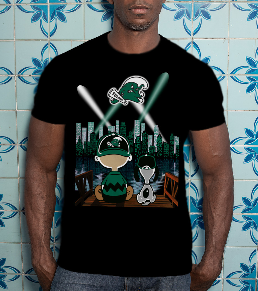 Tulane Green Wave City Skyline Featuring Iconic Characters And Baseball Cap Logo By Night T-Shirt