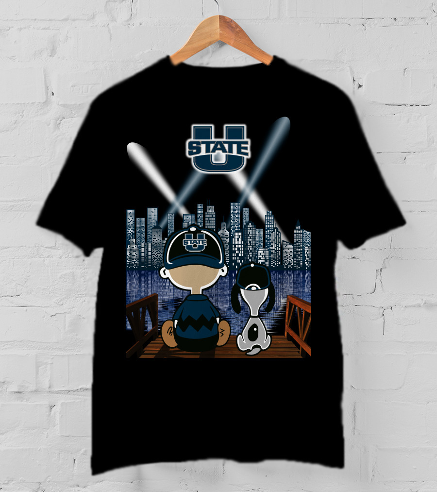 Utah State Aggies City Skyline At Night With Dog And Character T-Shirt