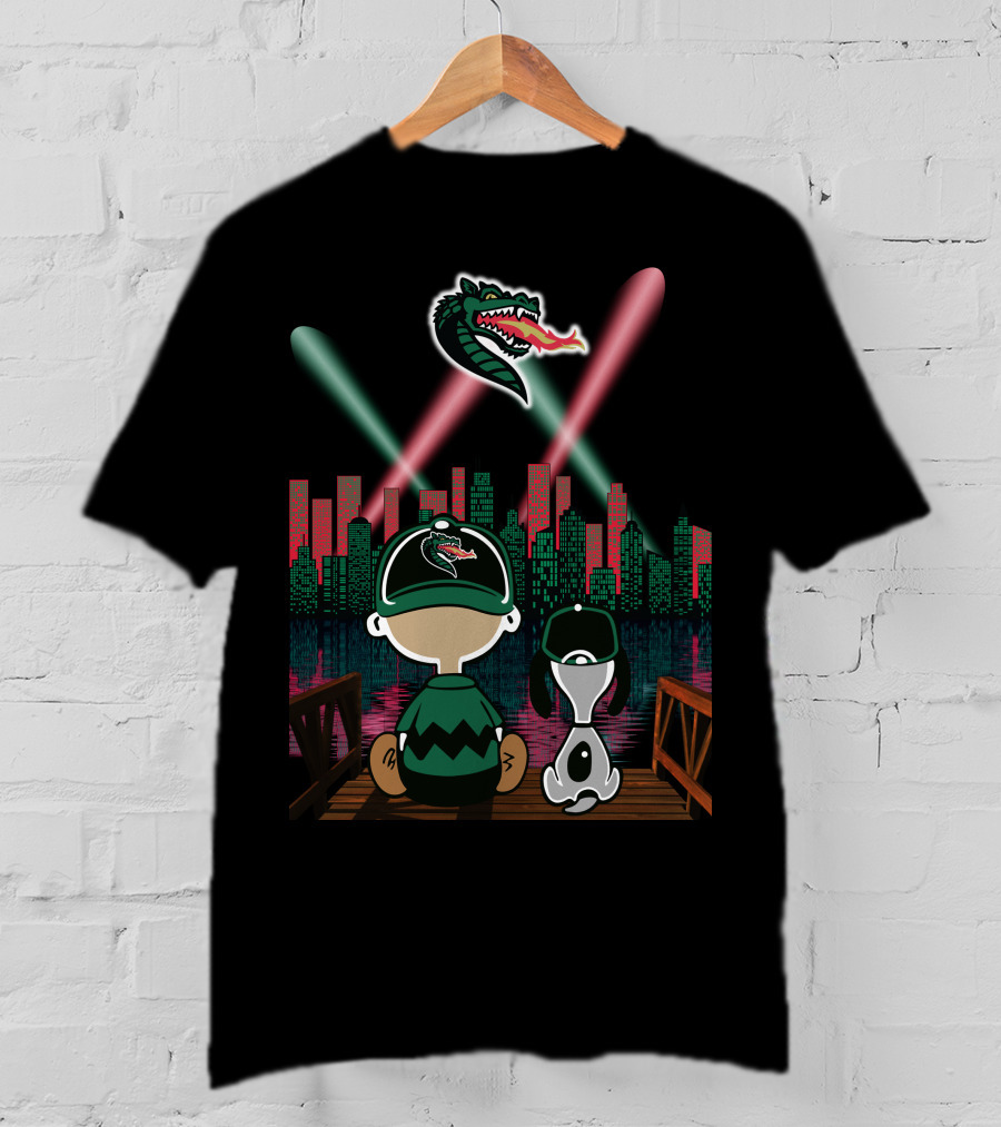 Uab Blazers Dragon Logo Over City Skyline With Cartoon Characters On Bridge At Night T-Shirt