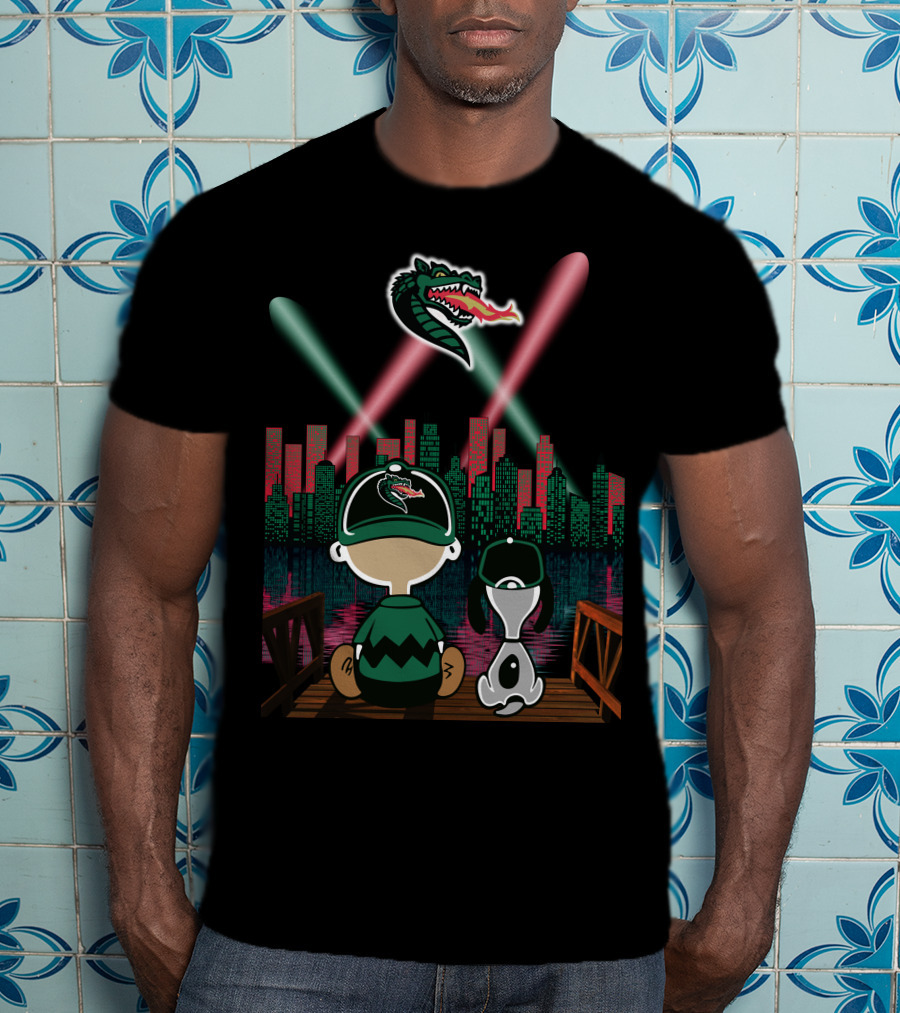 Uab Blazers Dragon Logo Over City Skyline With Cartoon Characters On Bridge At Night T-Shirt