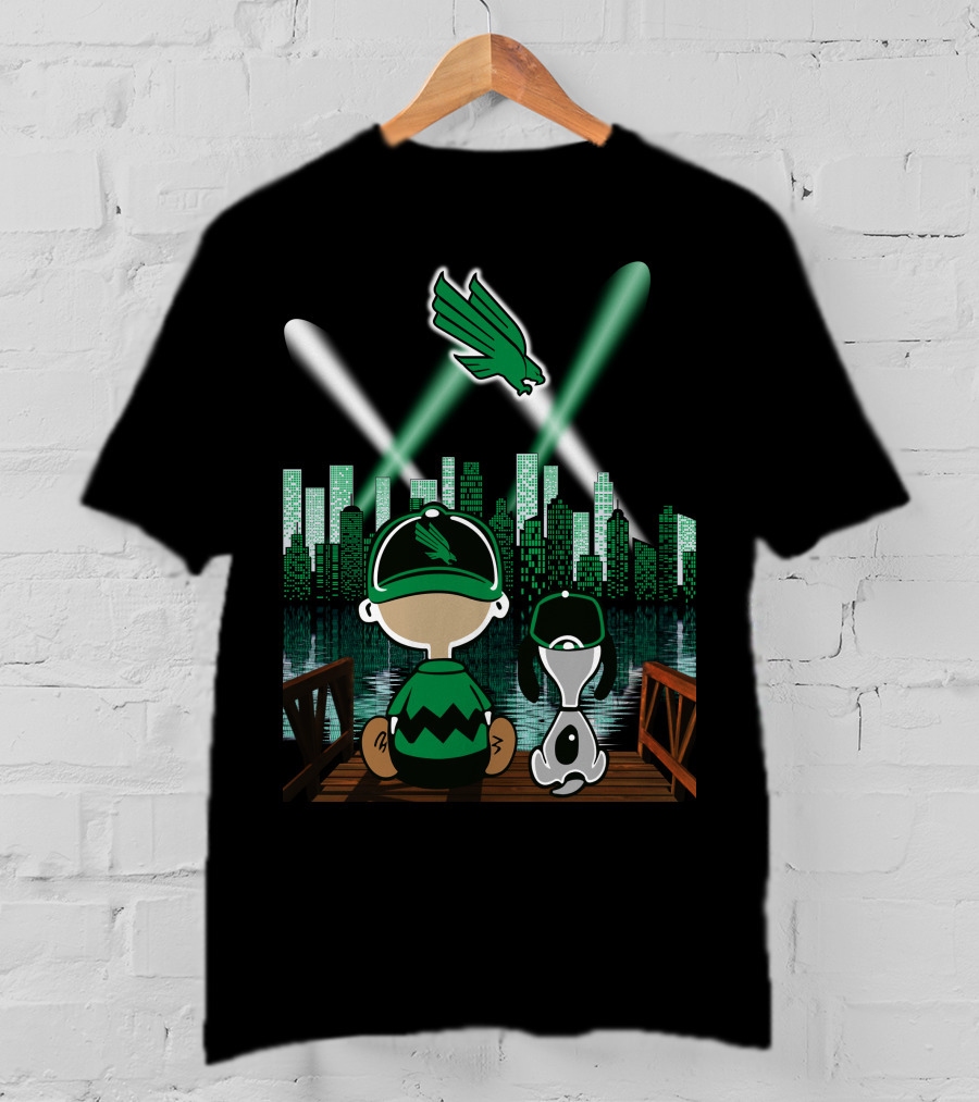 North Texas Mean Green City By Night Skyline With Cartoon Characters And Flying Bird T-Shirt