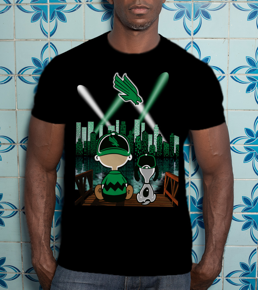 North Texas Mean Green City By Night Skyline With Cartoon Characters And Flying Bird T-Shirt