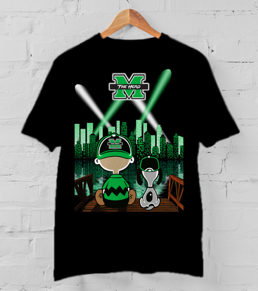 Marshall Thundering Herd Night Cityscape With Mascot And Dog On Bridge T-Shirt