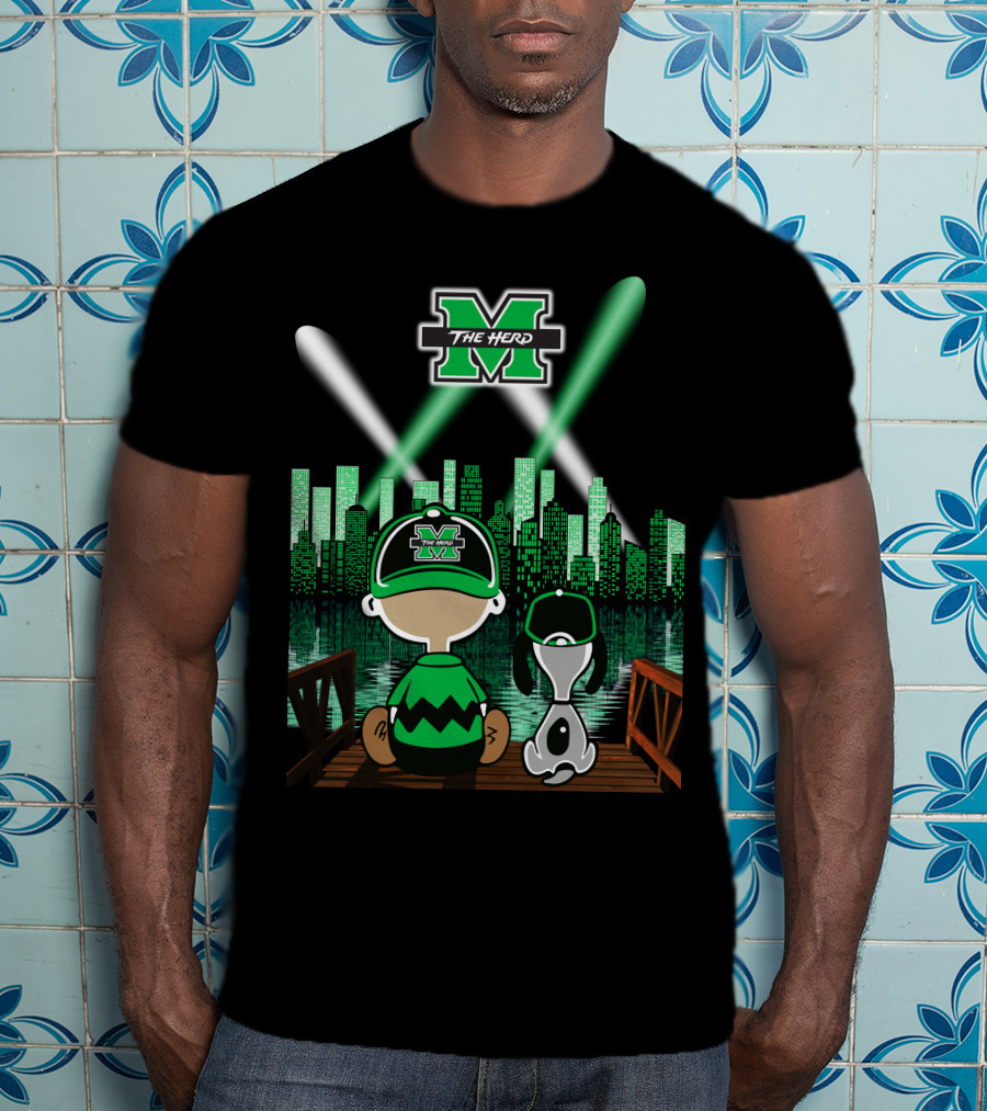 Marshall Thundering Herd Night Cityscape With Mascot And Dog On Bridge T-Shirt