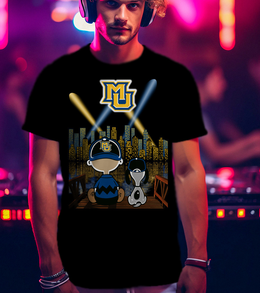 Mu Marquette Golden Eagles Cityscape Night Skyline With Baseball Cap Duo T-Shirt