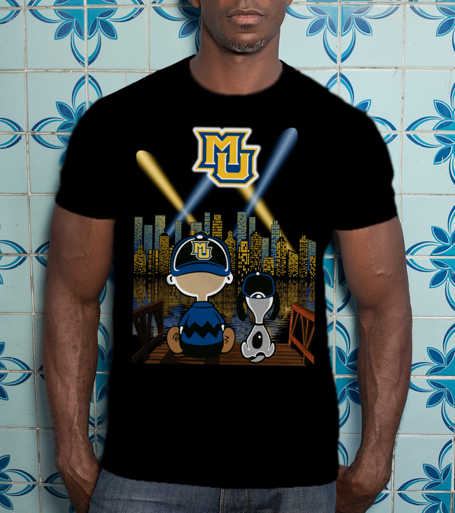 Mu Marquette Golden Eagles Cityscape Night Skyline With Baseball Cap Duo T-Shirt