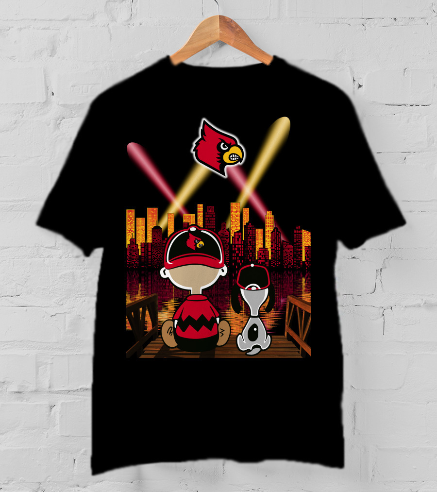 Louisville Cardinals City Lights With Characters Looking At Skyline T-Shirt