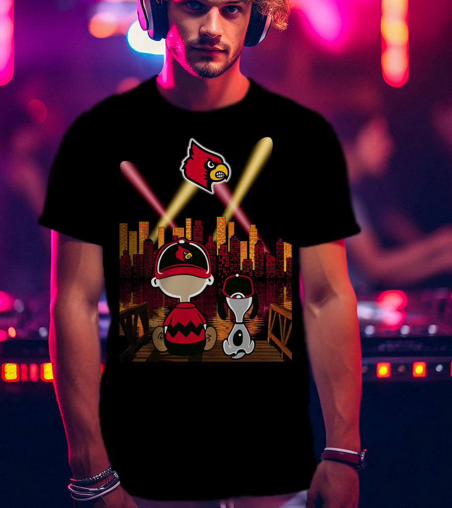 Louisville Cardinals City Lights With Characters Looking At Skyline T-Shirt