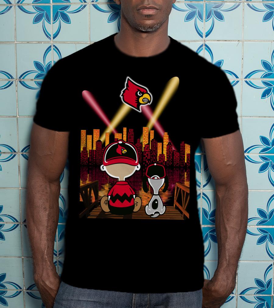 Louisville Cardinals City Lights With Characters Looking At Skyline T-Shirt
