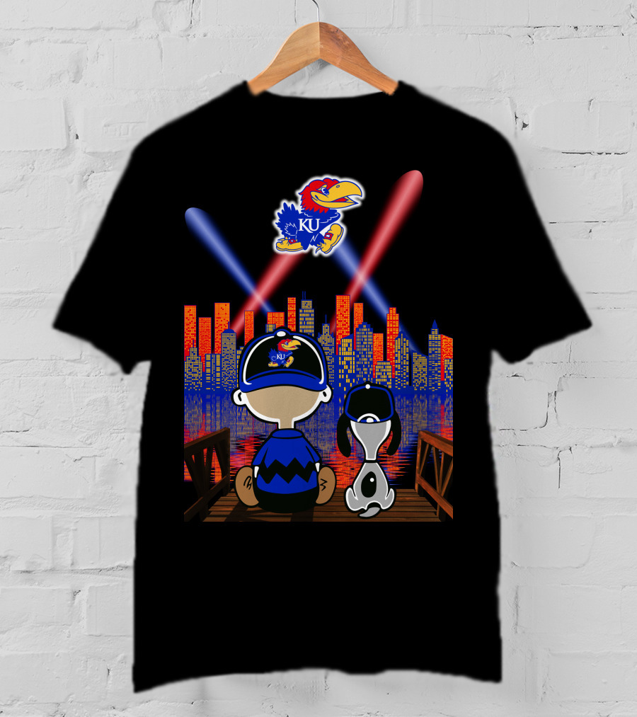 Kansas Jayhawks City Skyline Night Reflections With Mascot And Dog T-Shirt