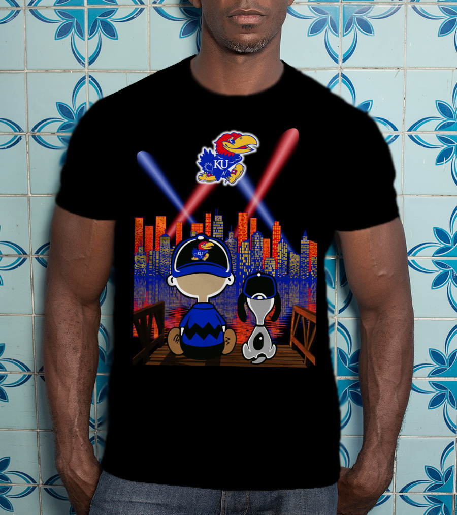 Kansas Jayhawks City Skyline Night Reflections With Mascot And Dog T-Shirt