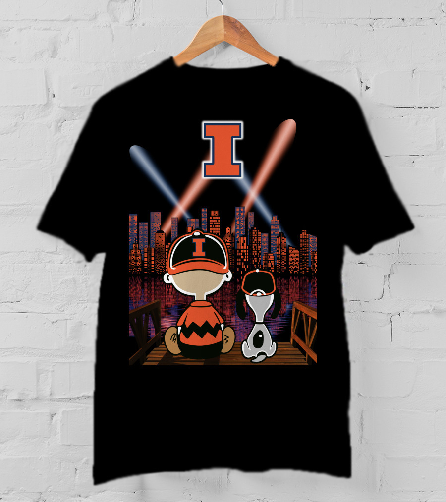 Illinois Fighting Illini Cityscape Nighttime Scene With Iconic Characters And Letter I T-Shirt