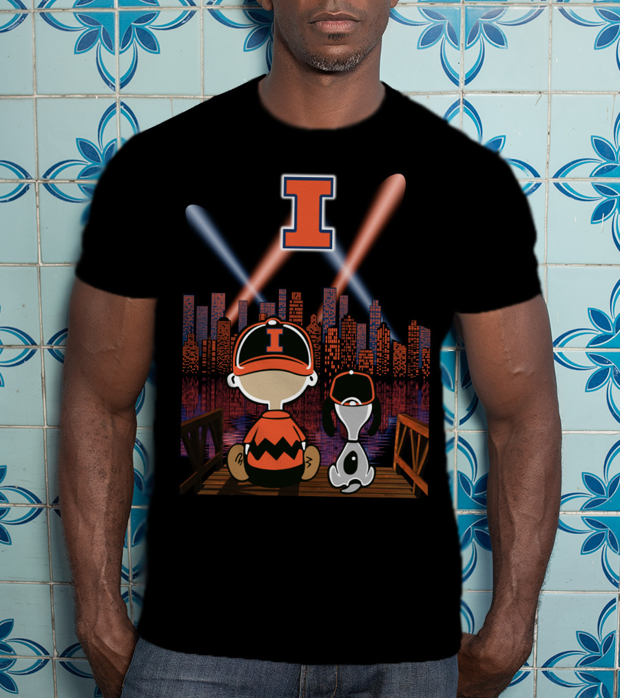Illinois Fighting Illini Cityscape Nighttime Scene With Iconic Characters And Letter I T-Shirt