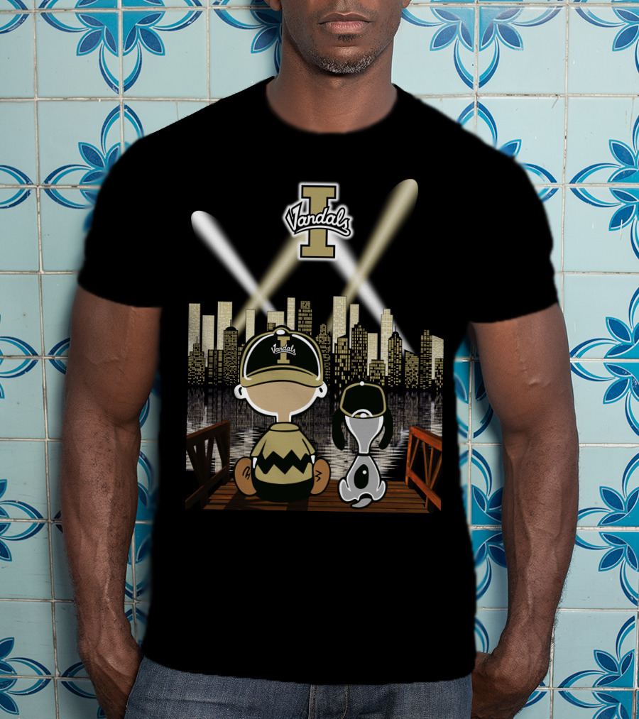 Vandals Idaho City Skyline At Night With Cartoon Characters T-Shirt