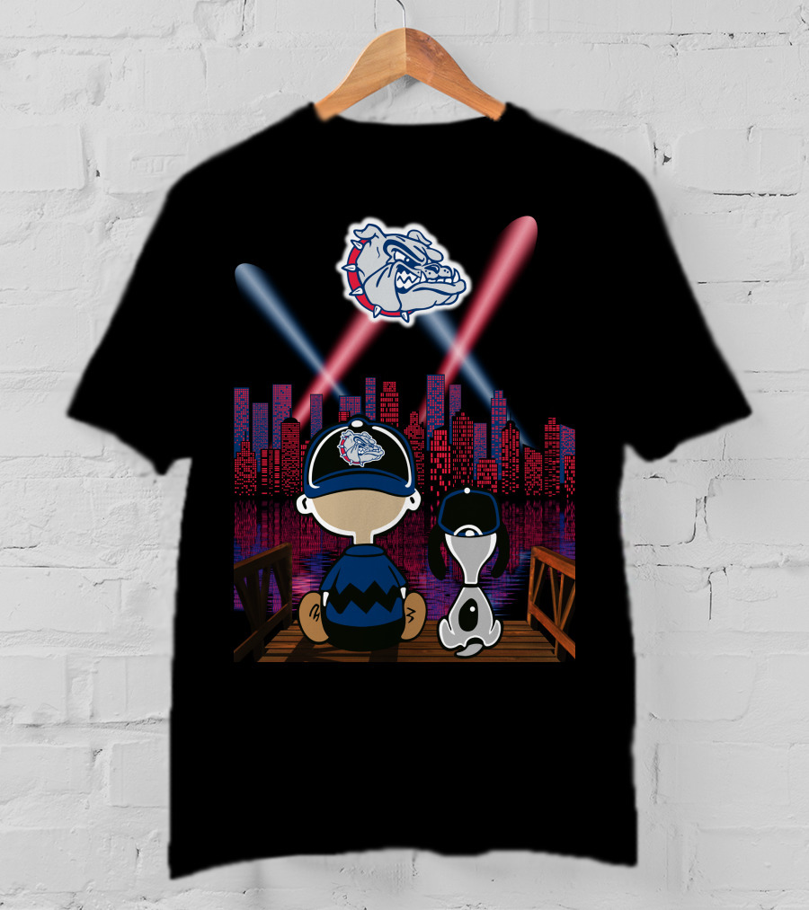 Gonzaga Bulldogs Night Cityscape With Skyline And Cartoon Characters T-Shirt