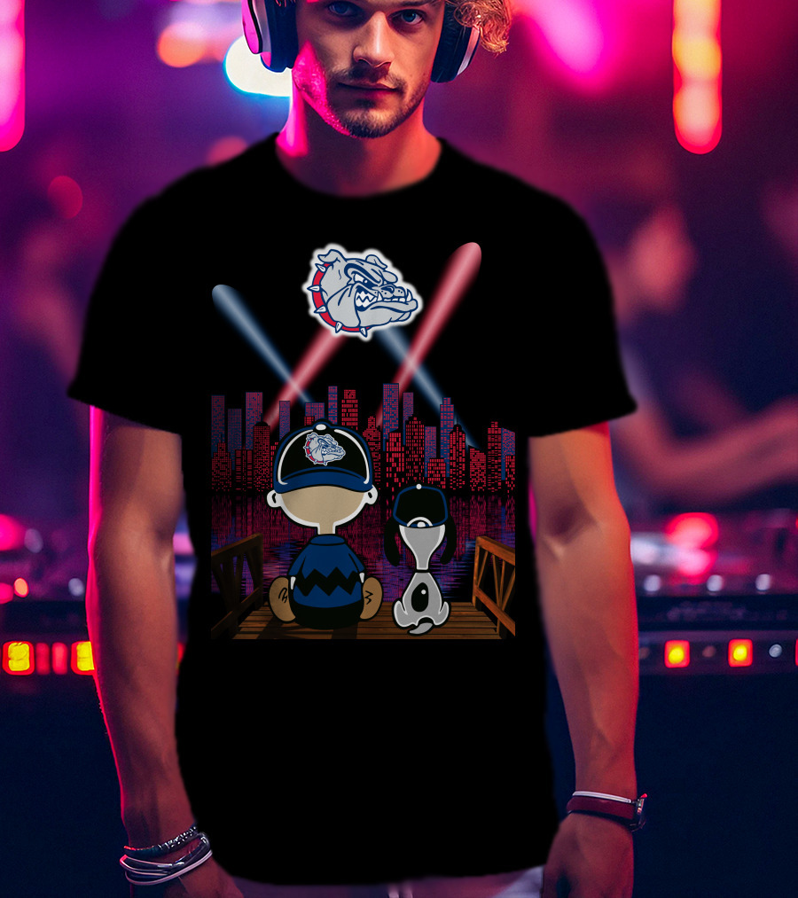 Gonzaga Bulldogs Night Cityscape With Skyline And Cartoon Characters T-Shirt