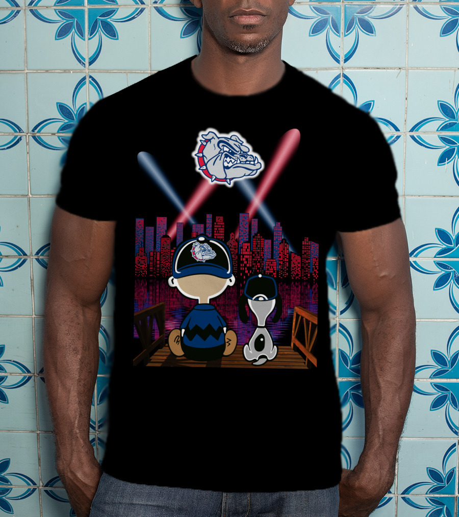 Gonzaga Bulldogs Night Cityscape With Skyline And Cartoon Characters T-Shirt