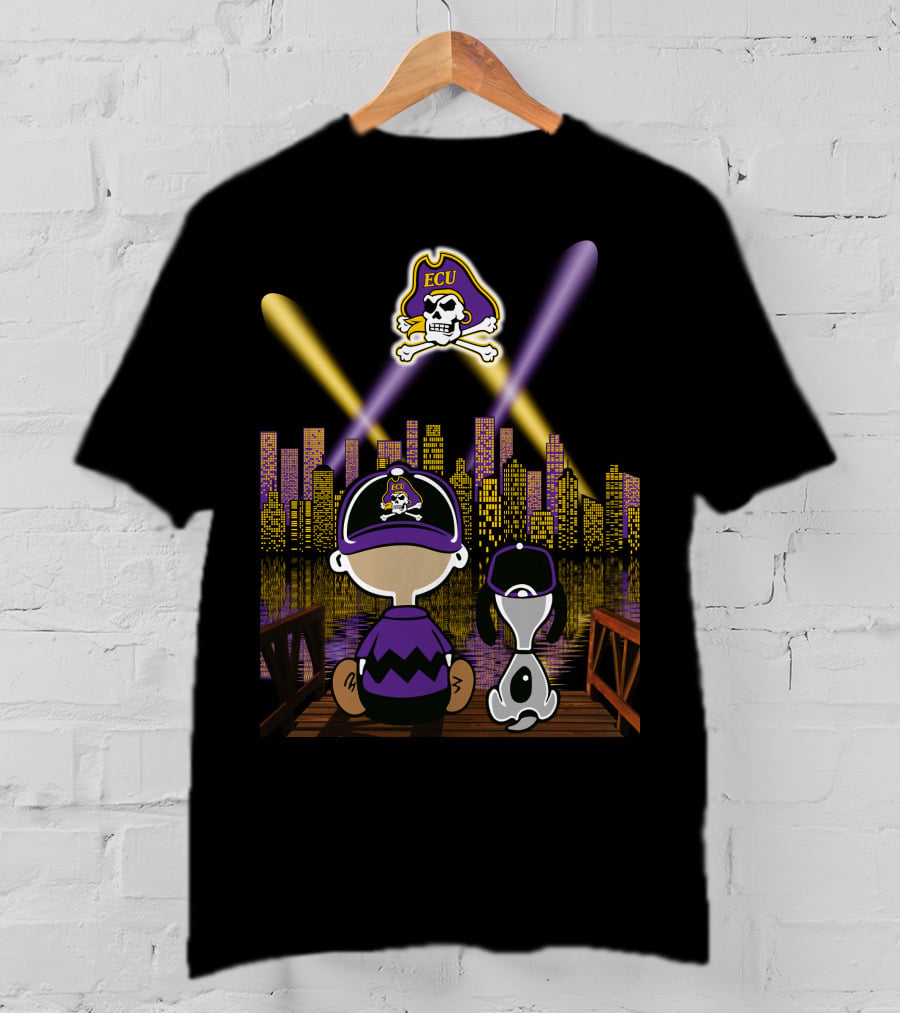 East Carolina Pirates Night Cityscape With Ecu Skull Logo And Characters T-Shirt
