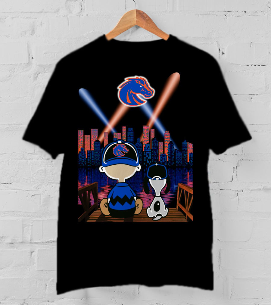 Boise State Broncos City Night Skyline With Cartoon Characters T-Shirt