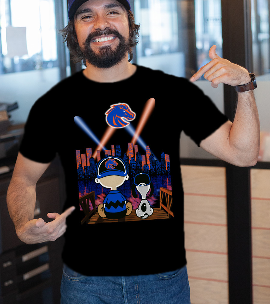 Boise State Broncos City Night Skyline With Cartoon Characters T-Shirt