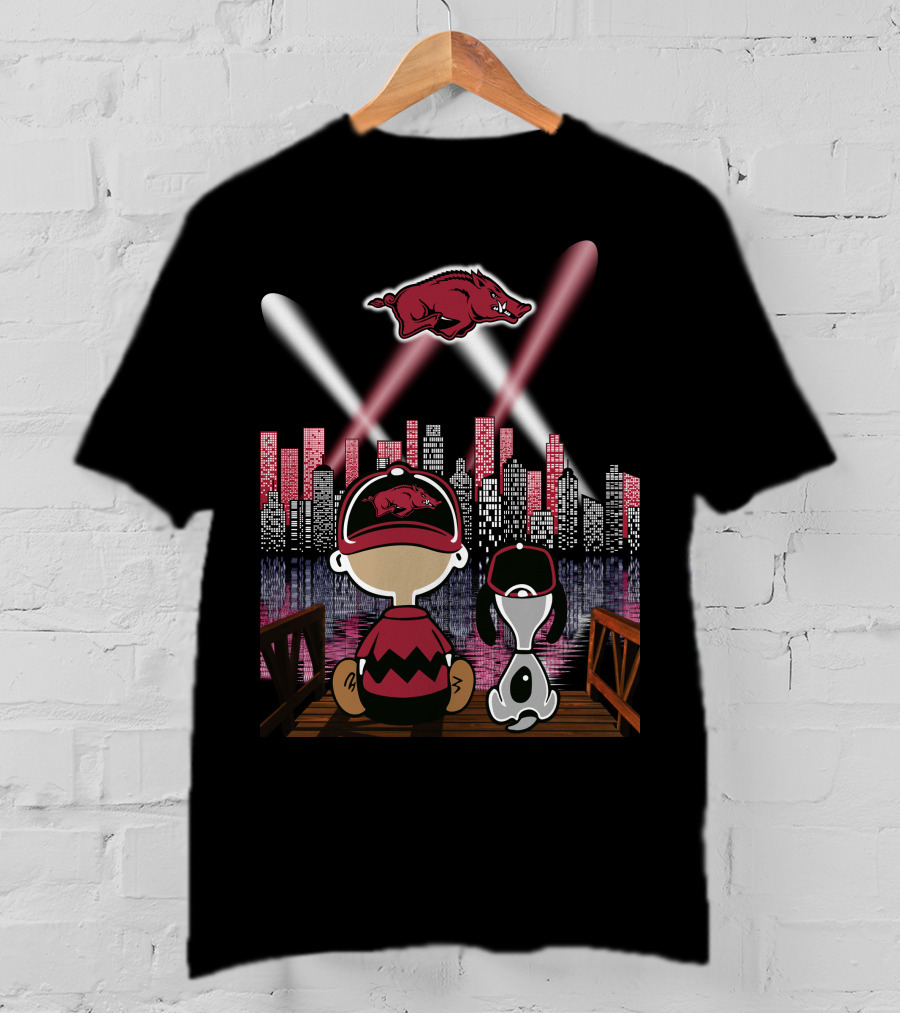 Arkansas Razorbacks '94 Skyline Night Scene With Cartoon Characters And Spotlights T-Shirt