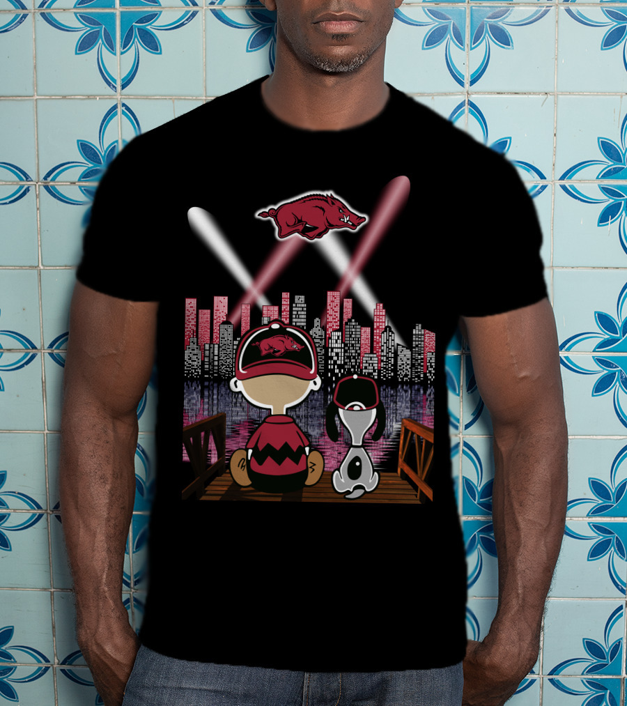 Arkansas Razorbacks '94 Skyline Night Scene With Cartoon Characters And Spotlights T-Shirt