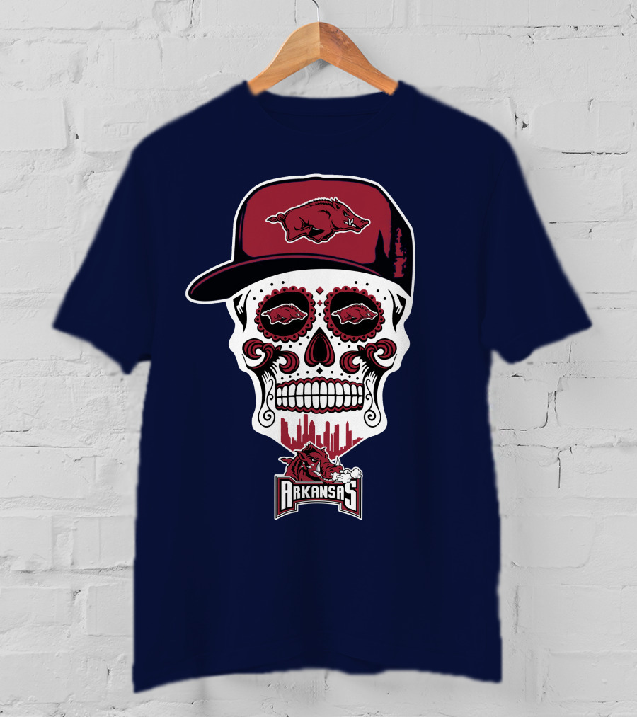 Arkansas Razorbacks Skull With Hat And Team T-Shirt