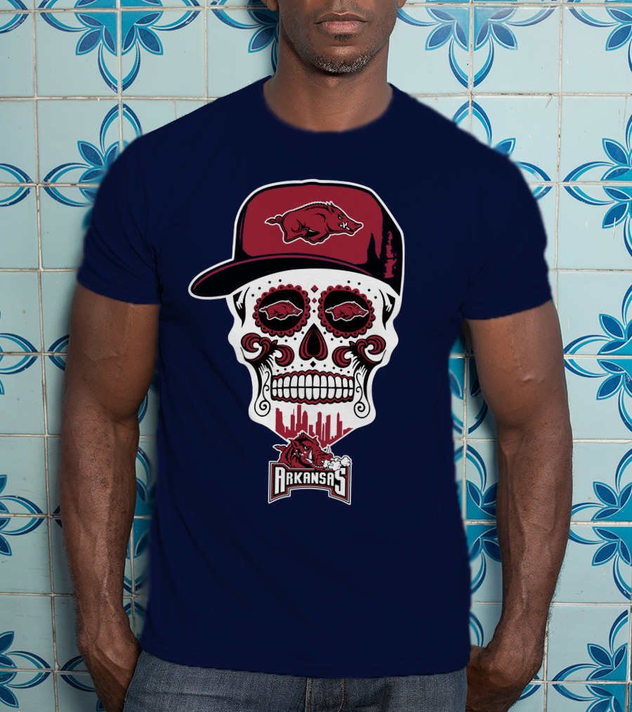 Arkansas Razorbacks Skull With Hat And Team T-Shirt