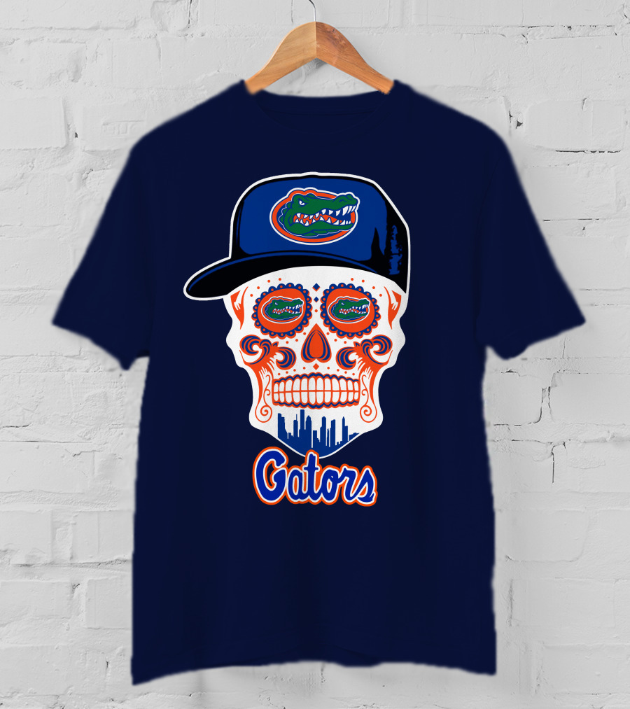 Florida Gators Skull With Alligator Logo And Hat Blue Orange T-Shirt