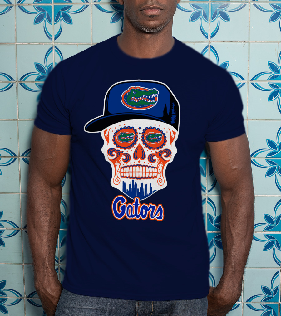 Florida Gators Skull With Alligator Logo And Hat Blue Orange T-Shirt