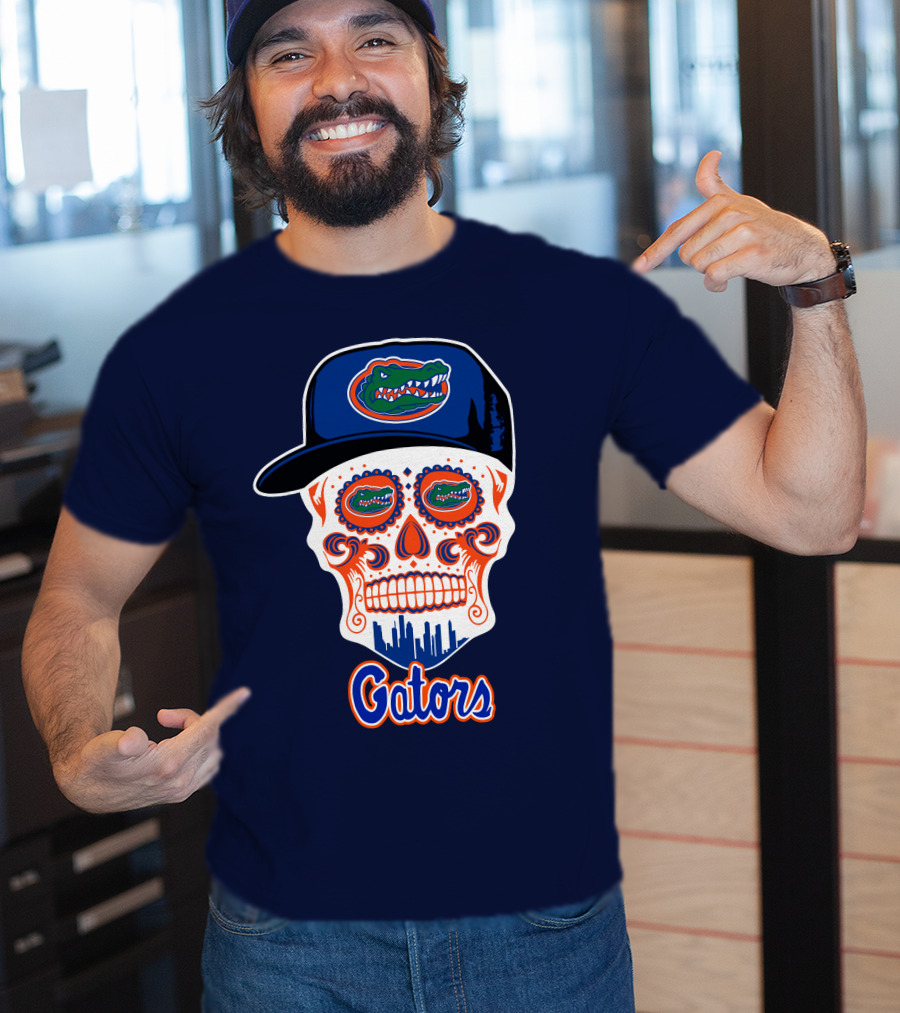 Florida Gators Skull With Alligator Logo And Hat Blue Orange T-Shirt