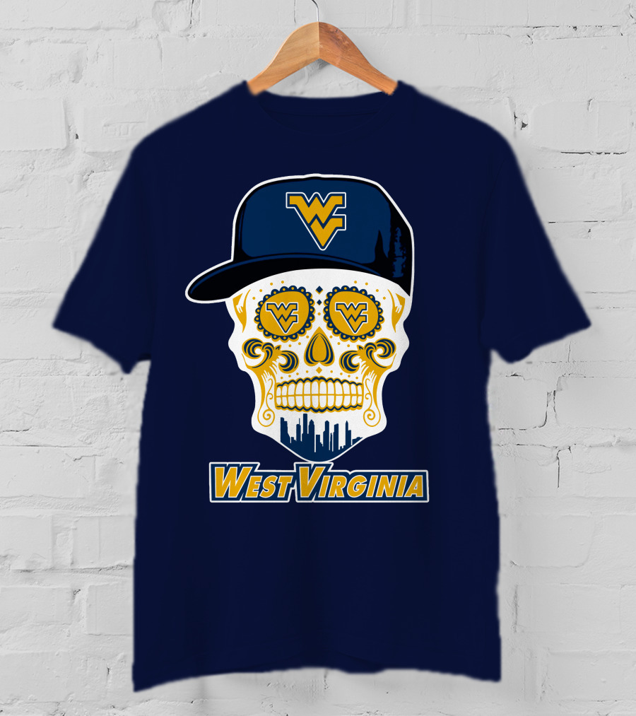West Virginia Mountaineers Skull Design With Wv Cap And Skyline T-Shirt