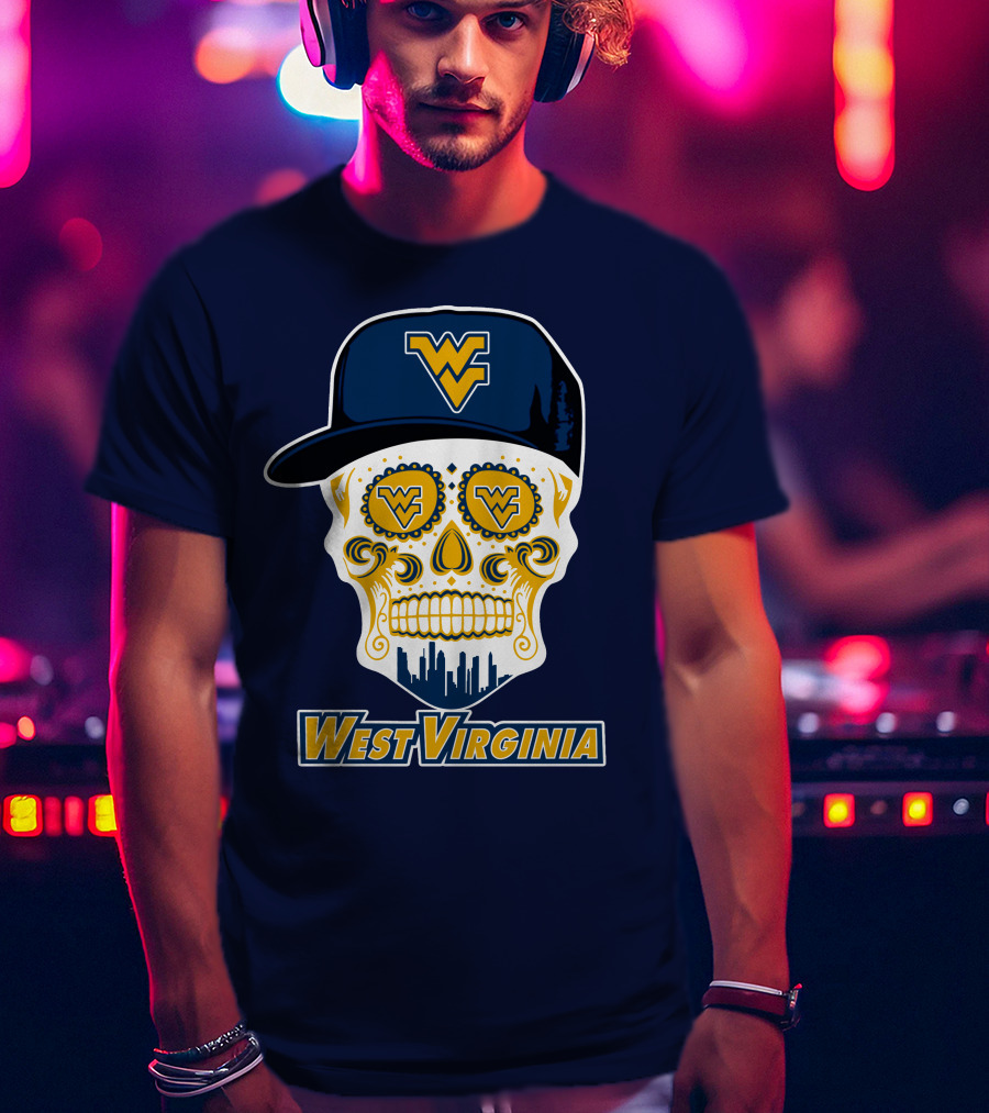 West Virginia Mountaineers Skull Design With Wv Cap And Skyline T-Shirt