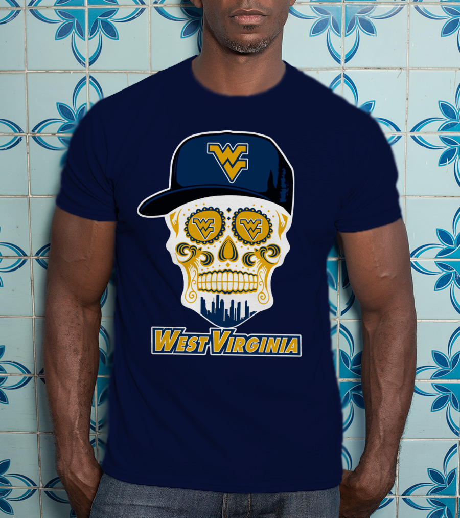 West Virginia Mountaineers Skull Design With Wv Cap And Skyline T-Shirt