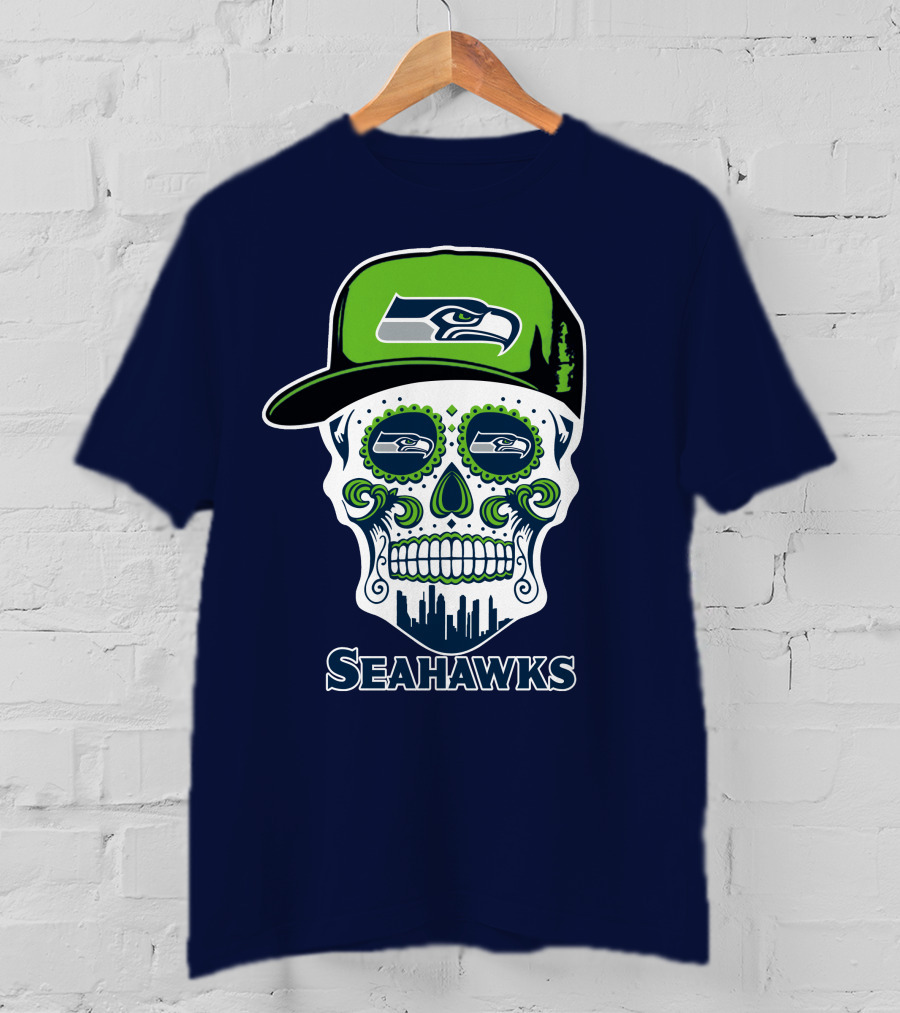Seattle Seahawks Skull Art With Team Logo And Skyline T-Shirt