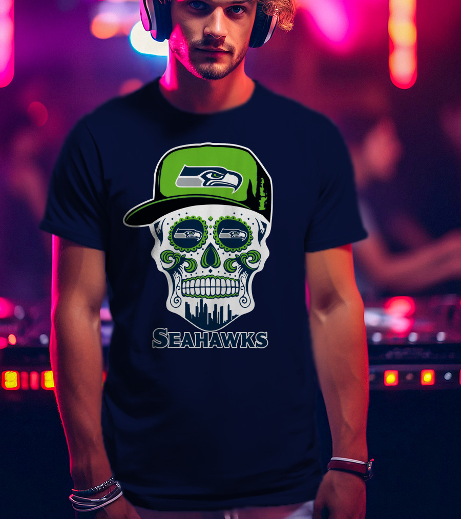Seattle Seahawks Skull Art With Team Logo And Skyline T-Shirt