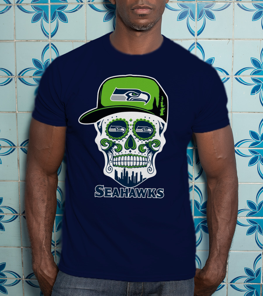 Seattle Seahawks Skull Art With Team Logo And Skyline T-Shirt
