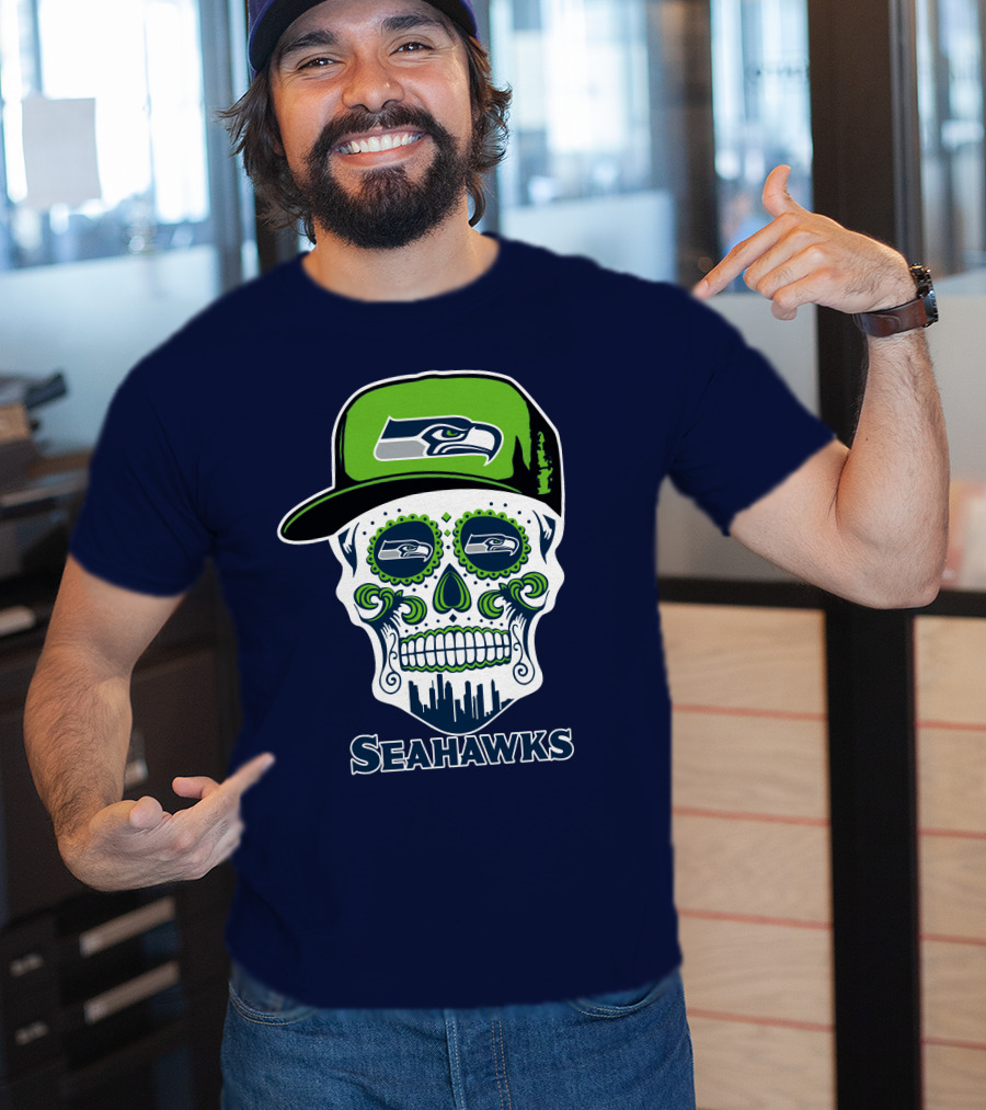 Seattle Seahawks Skull Art With Team Logo And Skyline T-Shirt