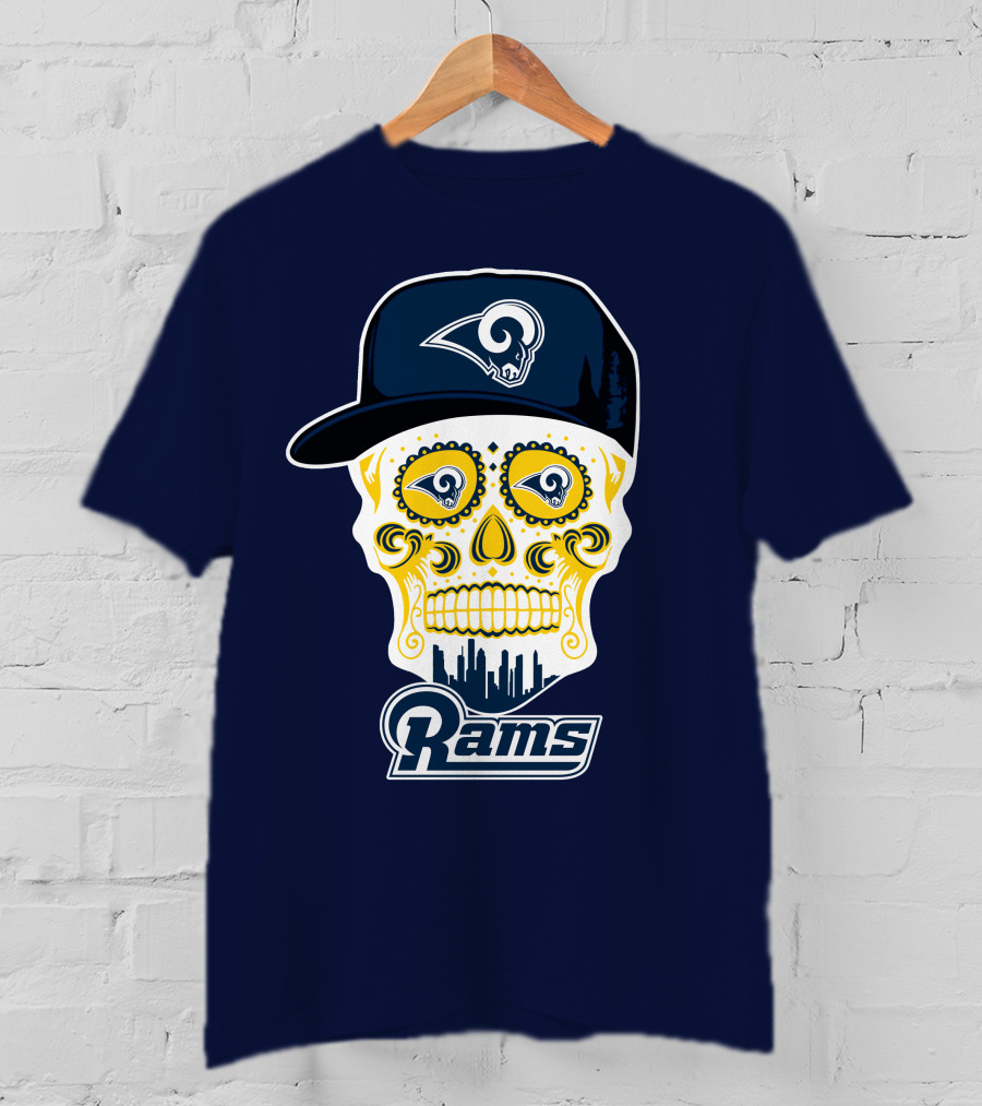 Los Angeles Rams Skull Iconic Rams Logo In Cap Funny T-Shirt
